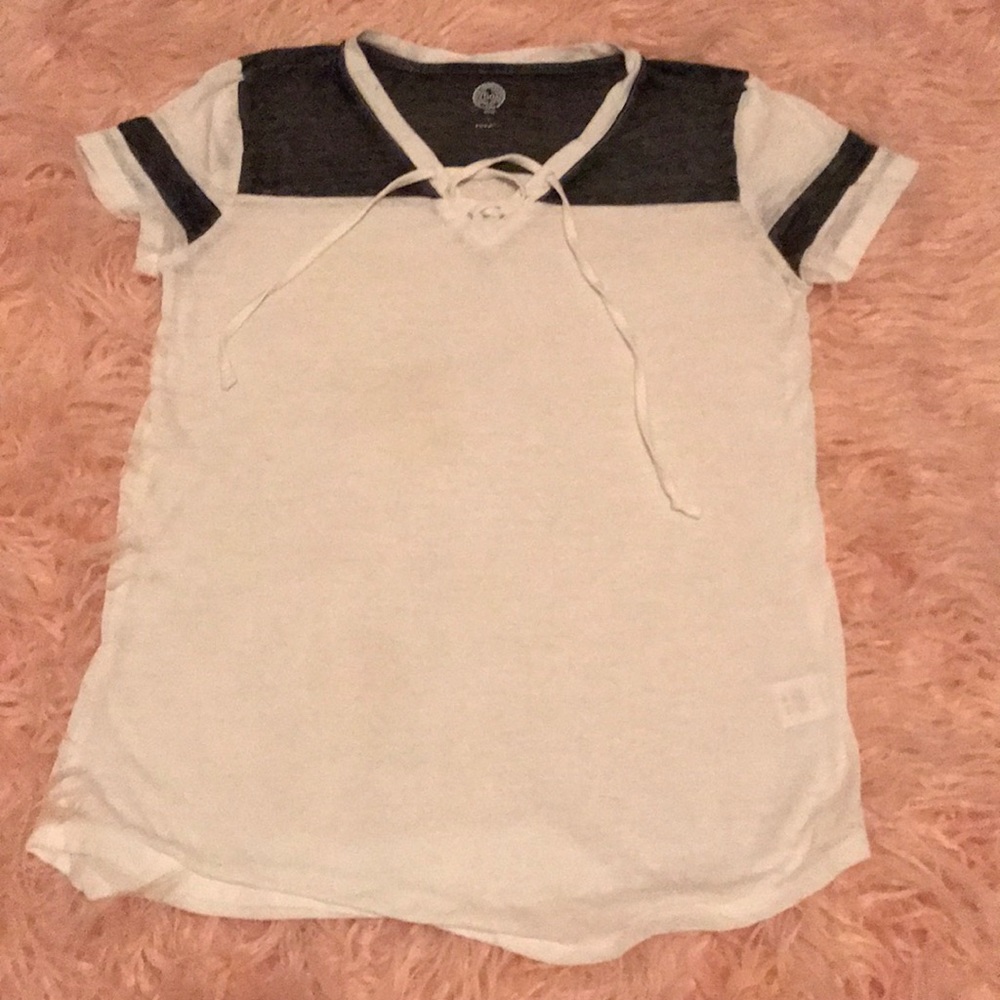 Worn once -soft white tshirt with cross-cross ties